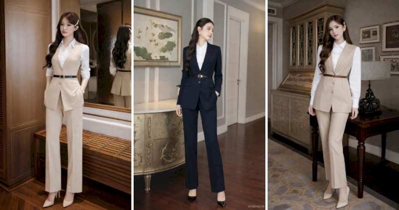 Sơ mi slim fit trắng phối gile vest dài và quần tây tạo vẻ quyền lực